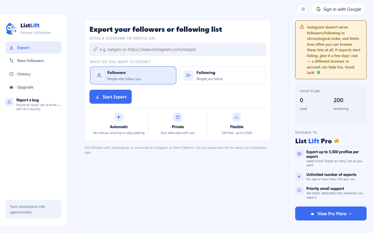 ListLift's export screen with an in-app banner explaining that Instagram no longer serves followers in chronological order and limits how often lists can be browsed